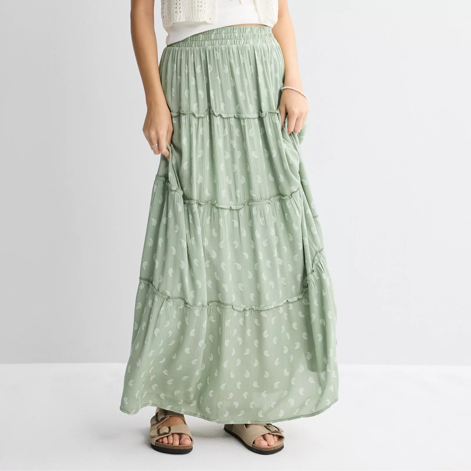 Juniors' Pink Rose Elastic Waist Multi Tier Maxi Skirt, Girl's, Size: Small, Green Paisley | Kohl's