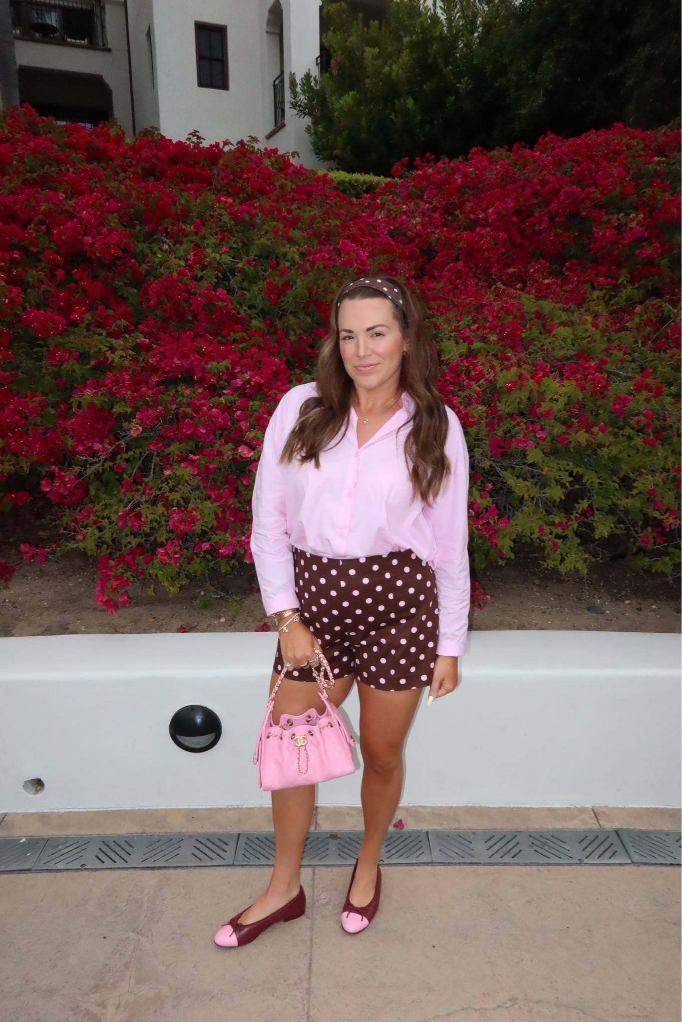 curvy midsize pink and brown polka dot outfit for spring! in the size medium in pink button down (runs big!) and size large in brown polka dot shorts 🩷🤎 wore this outfit to brunch on vacation!

#LTKTravel #LTKMidsize #LTKSeasonal