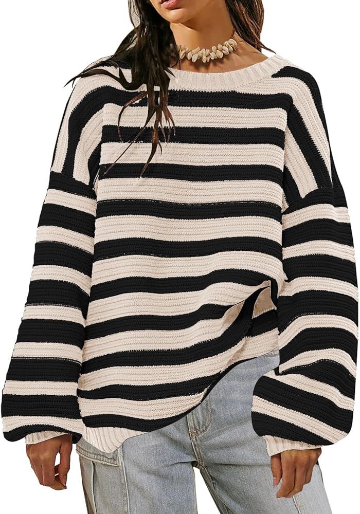 GUNEST Women Striped Sweater Oversized Long Sleeve Crew Neck Ribbed Knit 2023 Y2K Pullover Sweate... | Amazon (US)