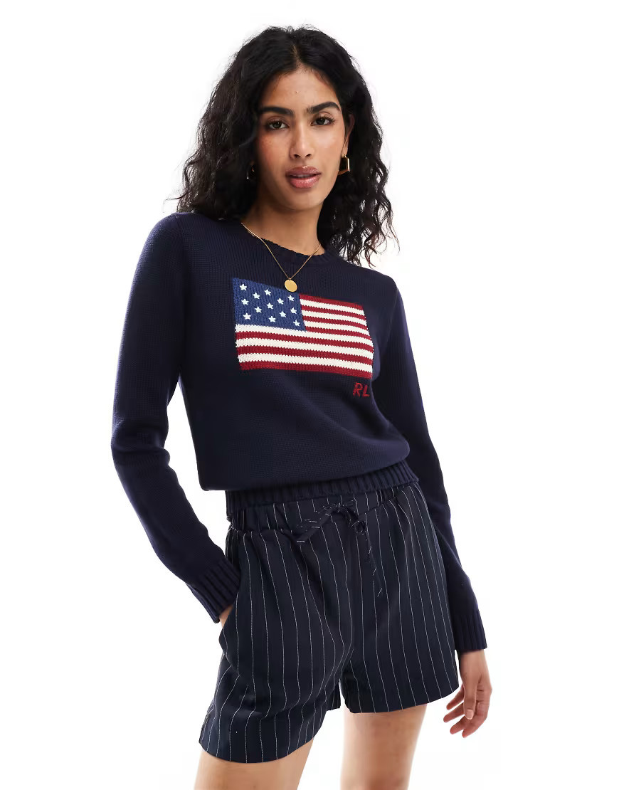 Polo Ralph Lauren knitted jumper with flag logo in navy | ASOS (Global)