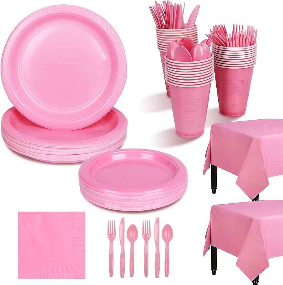 KesaPlan 212PCS Pink Disposable Dinnerware Set, Party Supplies, Including 30 of Pink Plastic Plat... | Amazon (US)