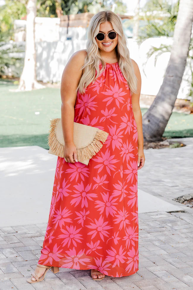 Ready To Run Red Halter Floral Maxi | Pink Lily