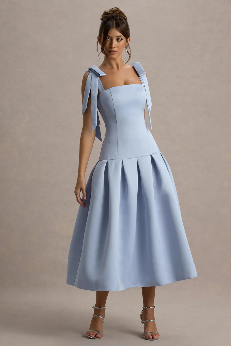Alberta  Powder Blue Satin Midi Dress With Bow Straps | Club L London