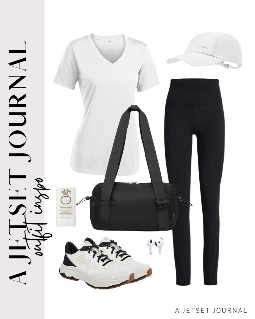 This athletic short-sleeve top and high-waisted leggings are perfect for workouts. You can use this Sukeen running hat and Apple AirPods with this outfit. Complete this look with Ryka Devotion X Max RS walking shoes and a small gym bag.

#LTKSeasonal #LTKSaleAlert #LTKTravel
 

 