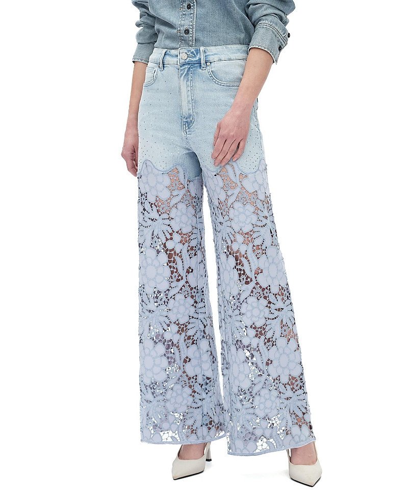 Bayeas Super High Rise Lace Patchwork Wide Leg Denim Jeans in Light Blue | Bloomingdale's (US)