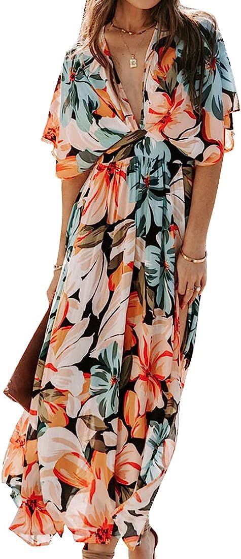 vanberfia Women's Casual Deep V Neck Floral Dress Cotton Summer Beach Split Side Long Dress | Amazon (US)