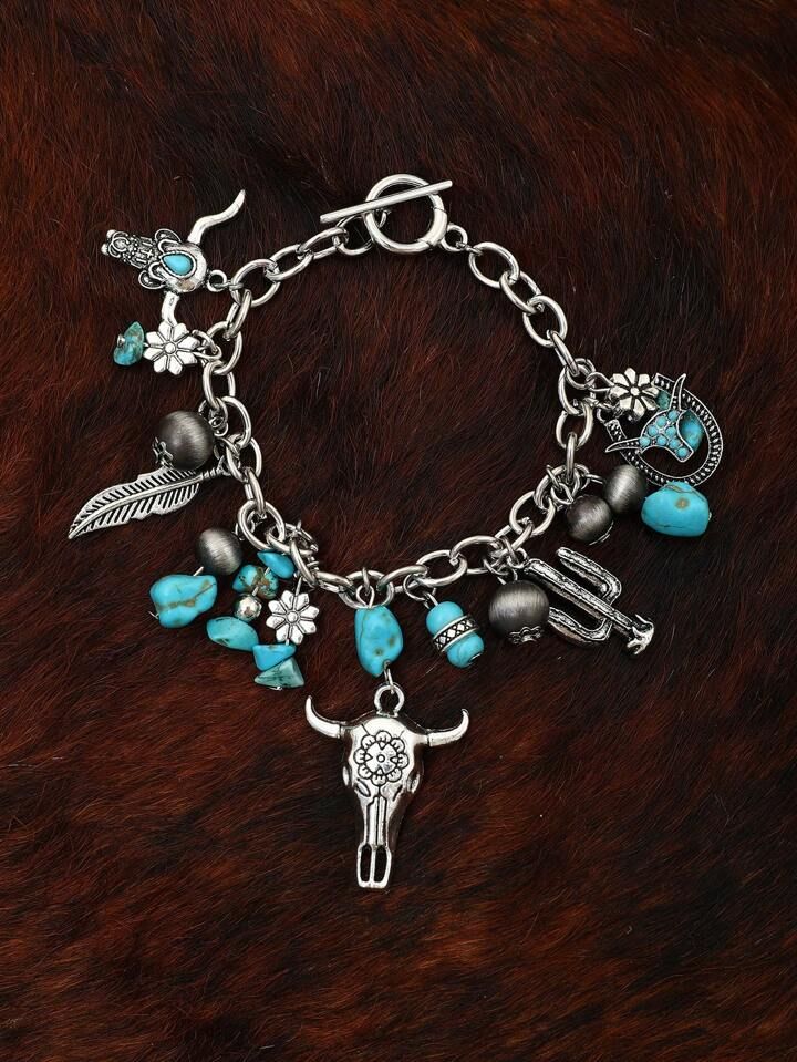 1pc Western Cowboy Style Vintage Bovine Head & Turquoise & Feather & Cactus & Navajo Faux Pearl &... | SHEIN