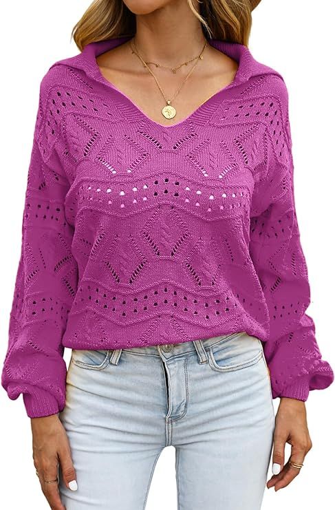 Dokotoo Women's V Neck Hollow Out Long Sleeve Pullover Sweaters Casual Lapel Collar Knit Jumper T... | Amazon (US)