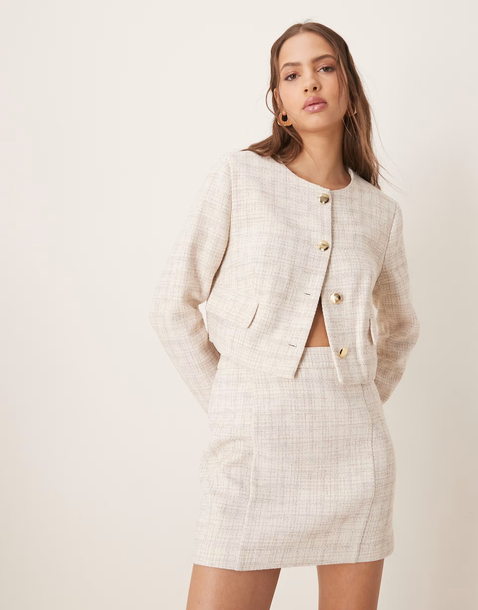 ASOS DESIGN tailored blazer and mini skirt co-ord in ecru boucle | ASOS (Global)