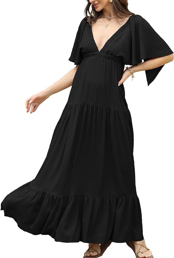 Summer Dresses for Women 2024 Sexy V-Neck Maxi Dress Tiered Silhouette with Flutter Sleeves Backl... | Amazon (US)