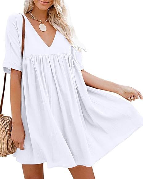 Women's Casual Short Sleeve Loose Swing Dress V Neck Solid Pleated Babydoll Tunic | Amazon (US)