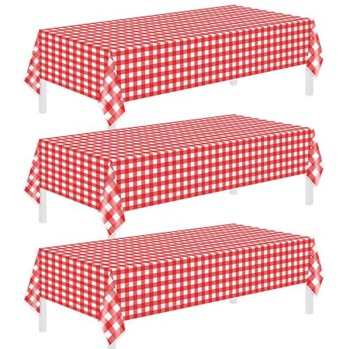 Childom 3 Pack Red and White Checkered Tablecloths 54"x108" Disposable Plastic Tablecloths for Rectangle,Weddings,Pizza Party Decors for Home,BBQ,Picnic,Racing Themed Table Cloth for Birthday,Buffet | Amazon (US)