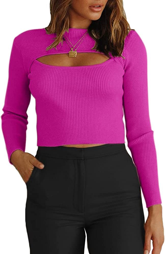 CHYRII Women's Cutout Long Sleeve Knitted Ribbed Pullover Sweater Jumper Tops | Amazon (US)