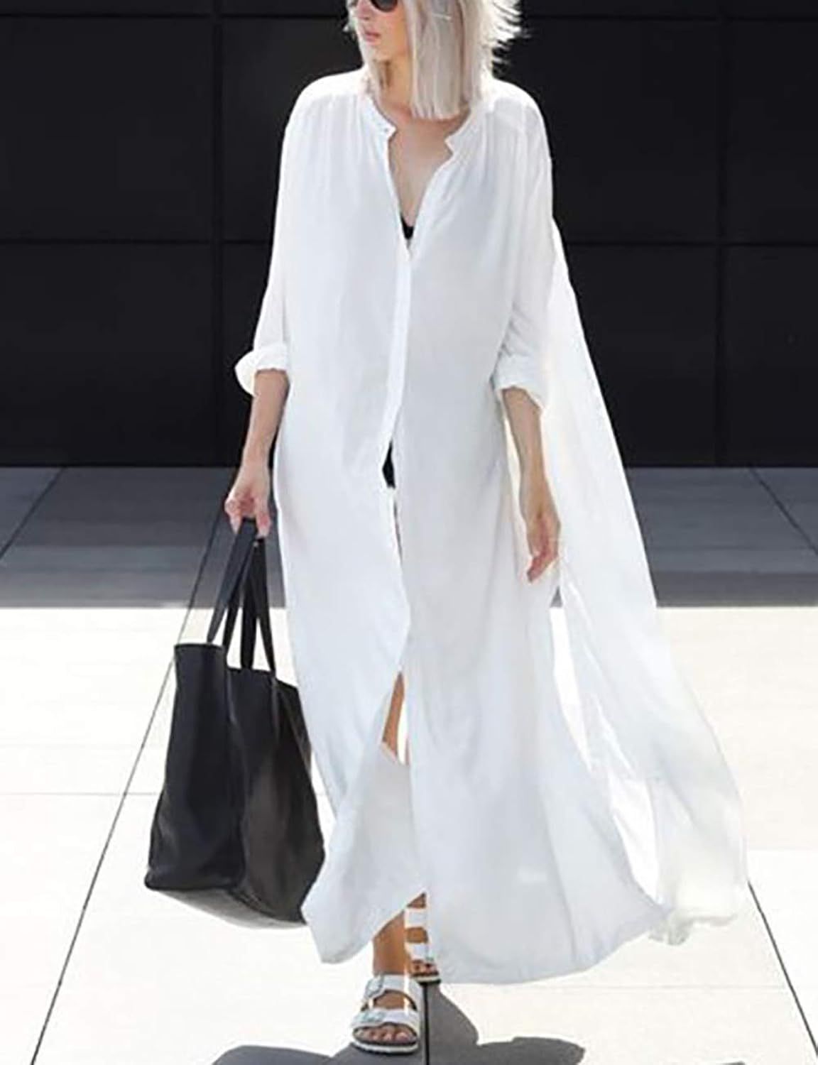 Bsubseach Womens White Blue Print Long Chiffon Beach Blouses Cardigan Kimono Bikini Cover Up Swim... | Amazon (US)