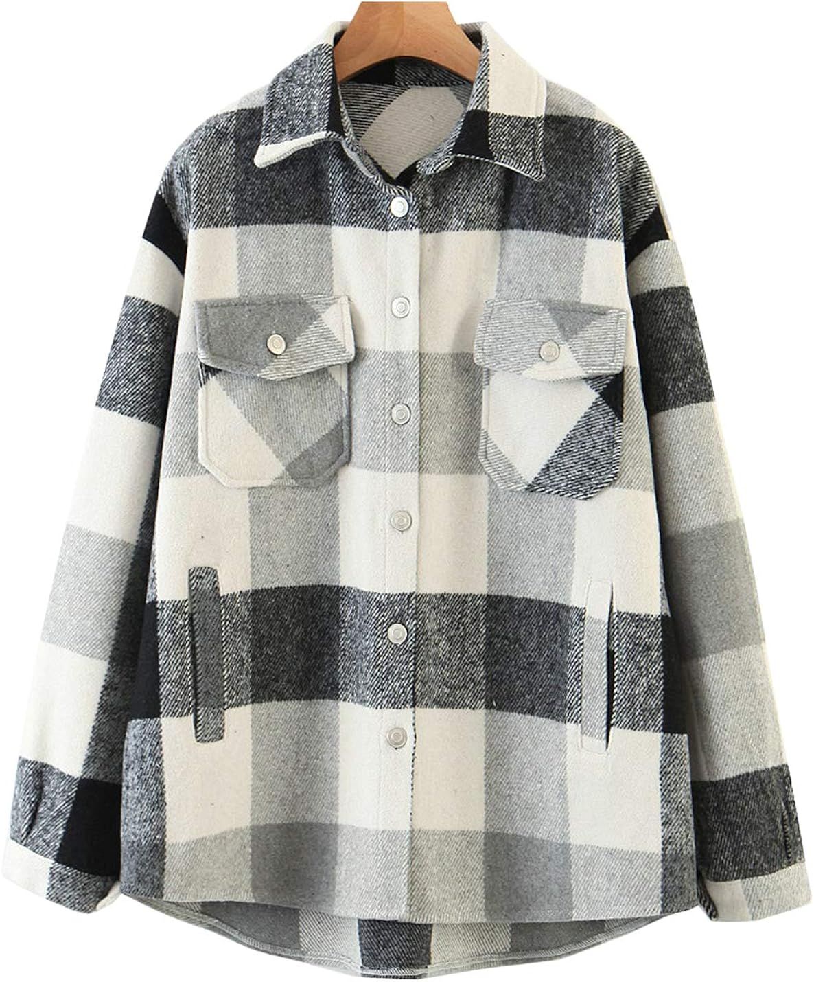 Jenkoon Women's Oversized Woolen Checkered Lapel Shirt Button Pocketed Shacket Coat | Amazon (US)