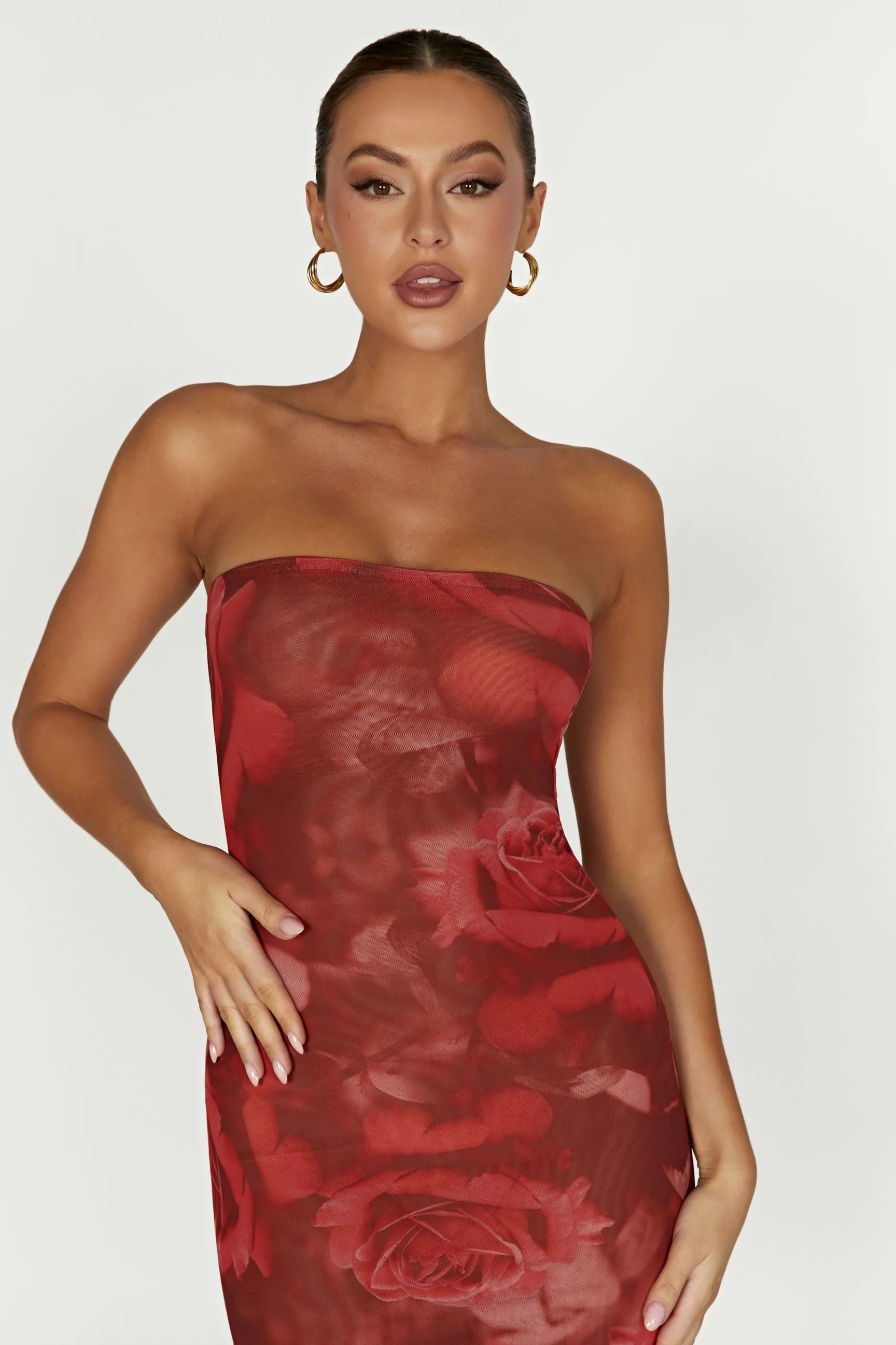 Aphrodite Strapless Mesh Dress - Oversized Rose Print | Meshki (APAC)