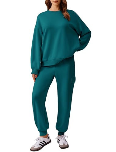 PINSPARK Jogger Sets for Women 2 Piece Pullover Top Long Sleeve Sweatpants with Pockets Leisure Airplane Outfits 2025, Green Jade Small | Amazon (US)