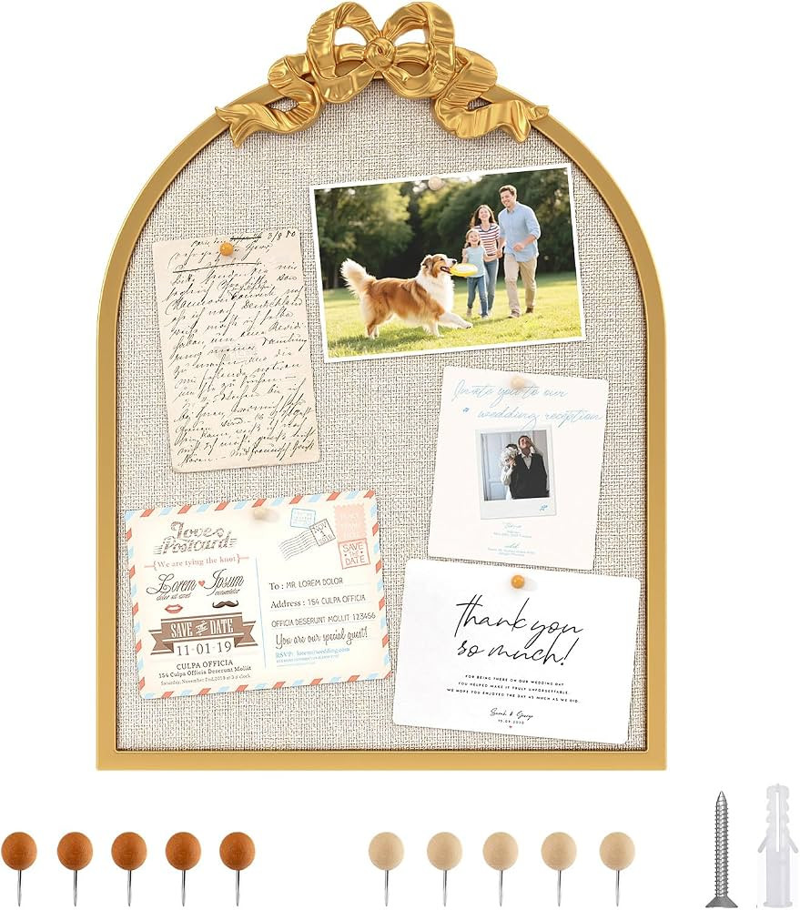 Vintage Arched Linen Cork Board with Gold Bow \u2013 16"x21" Decorative Bulletin Board for Walls,... | Amazon (US)