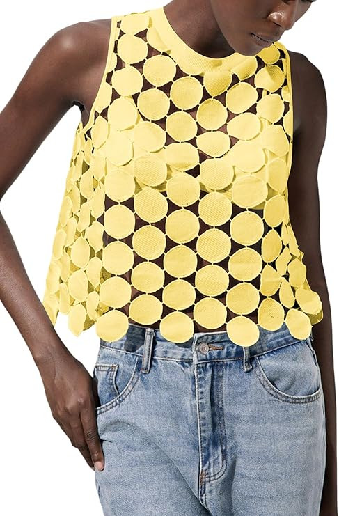 SHENHE Women's Sheer Tank Tops See Through Polka Dots Asymmetrical Top 2026 Summer Sleeveless Shi... | Amazon (US)