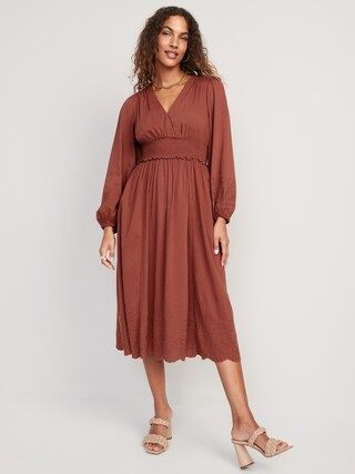 Waist-Defined Puff-Sleeve Smocked Embroidered Midi Dress for Women | Old Navy (US)