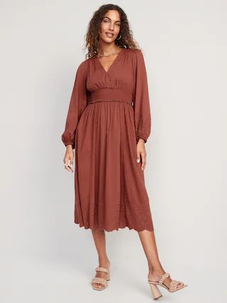 Waist-Defined Puff-Sleeve Smocked Embroidered Midi Dress for Women | Old Navy (US)