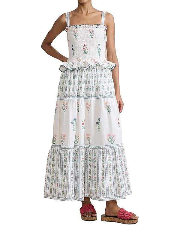 Women Floral Maxi Dress Sleeveless Smocked Ruffle Flowy Boho Sundress with Pockets Summer Vacatio... | Amazon (US)