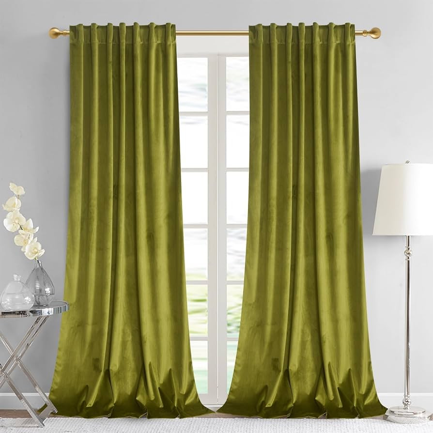 Olive Green Velvet Curtains 84 inches - Lime Thermal Insulated Window Drapes for Living Room, Bac... | Amazon (US)