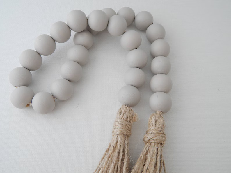 Light gray wood bead garland with jute tassels, boho home decor, jewelry for the home, rustic bea... | Etsy (US)