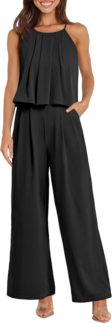 PRETTYGRADEN Women's Casual Summer Sleeveless Jumpsuit Halter Neck Wide Leg Pants Rompers One Pie... | Amazon (US)