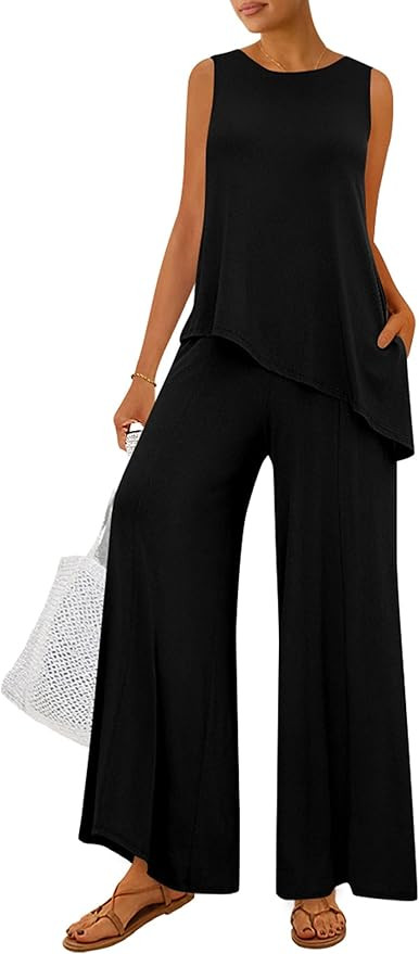 PRETTYGARDEN Women's 2025 Two Piece Matching Lounge Sets Asymmetrical Split Tank Tops Wide Leg Pa... | Amazon (US)