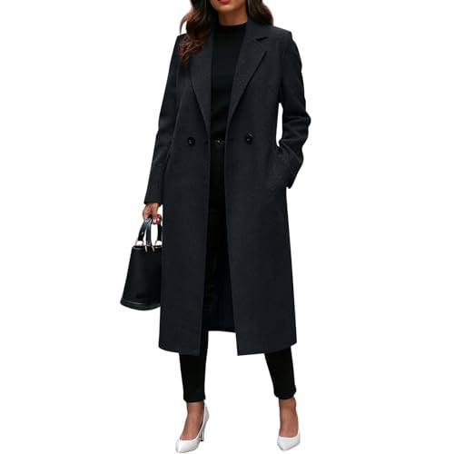 Qesulk Womens Long Wool Coats Notched Lapel Collar Single-Breasted Peacoat Long Pea Coat Wool Blend Overcoat Winter Outwear | Amazon (US)