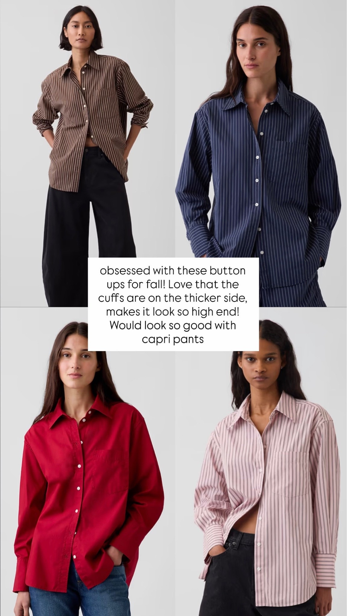 Button-up shirts for fall! 

Brown button up
Navy button up
Red button up
Pink striped button up
Capri pants
Fall outfit

#LTKSeasonal #LTKWorkwear #LTKBump
