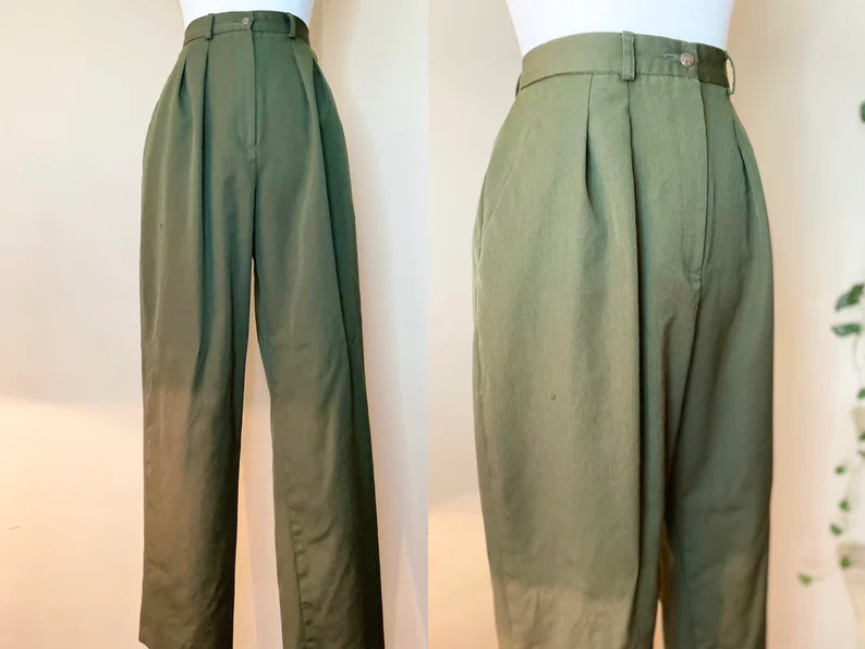 80s Army Green 100% Virgin Wool Pleated Trousers by Melange - Etsy | Etsy (US)