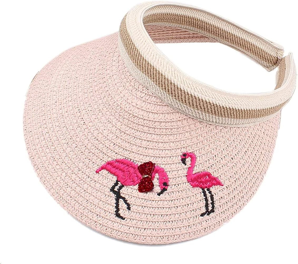 BIBITIME Straw Hat Flamingo Embroidered Sunhat for Kids 3-8 Years Open Top Cap | Amazon (US)
