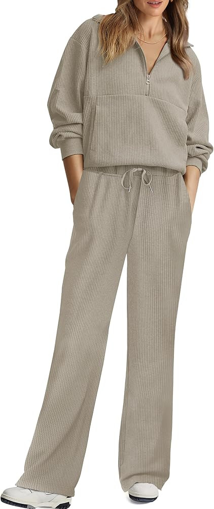 XIEERDUO Women's Half Zip Sweatsuits Two Piece Travel Outfits Oversized Ribbed Sweatshirts Sweatp... | Amazon (US)