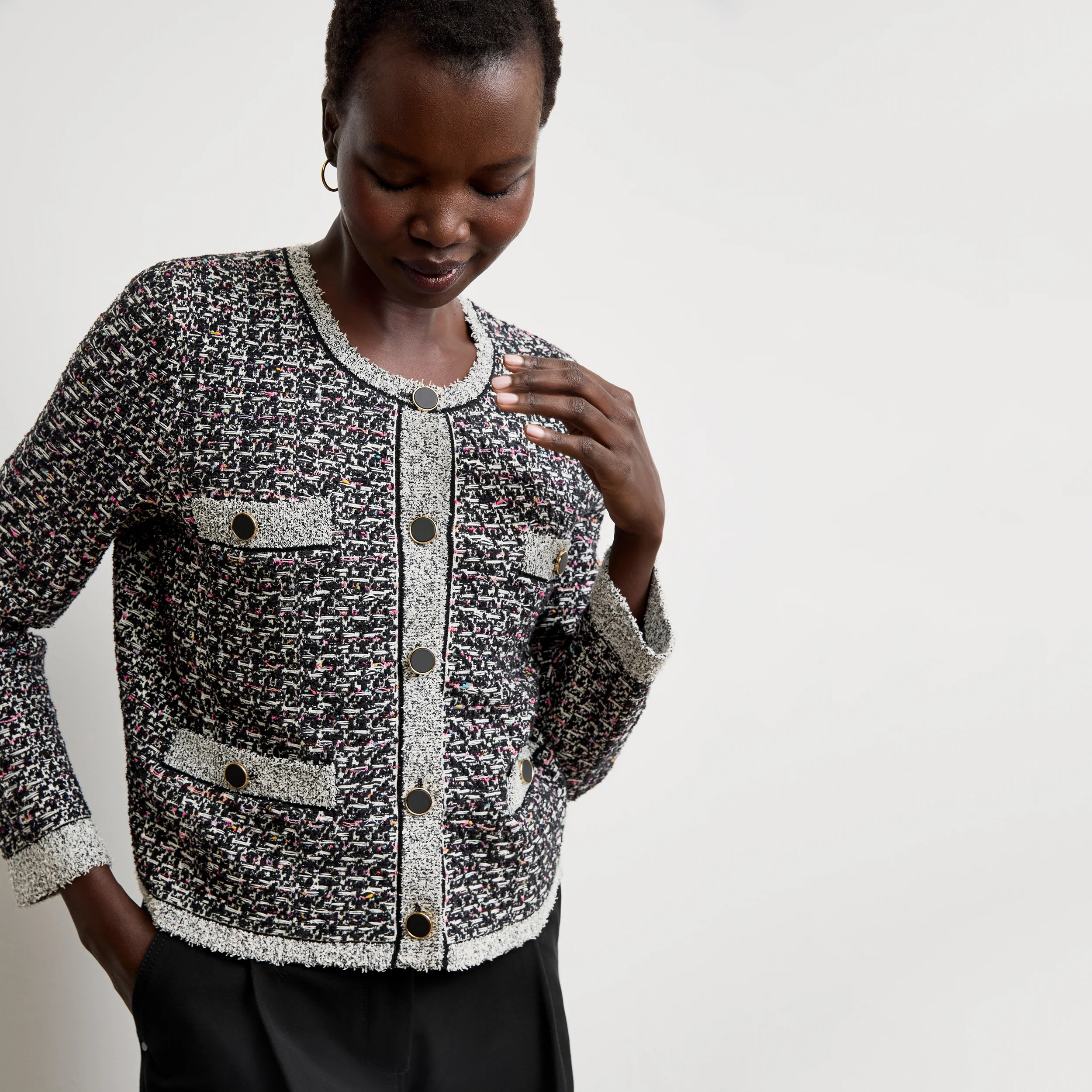 Evangeline Lady Jardigan - Boucle Tweed Jardigan :: Black/White | MM LaFleur