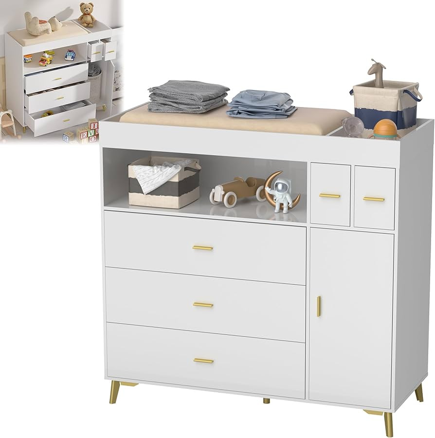 Changing Table with Drawers, White Drawer Dresser,Changing Table Dresser with 5 Drawer & Cabinet | Amazon (US)