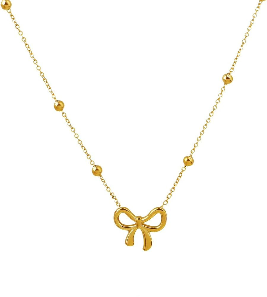 18K Gold Plated Gold Bow Necklace for Women Girls Adjustable Chain Bowknot Dainty Charm for Fashi... | Amazon (US)