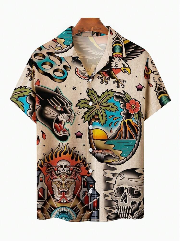 Manfinity RSRT Men's Leopard Skull And Beach Vacation Printed Short Sleeve Shirt , Baggy Button Up Graphic Daddy Colorful Khaki Art Dad Me, Men Cartoon Shirt, Animal Kingdom Shirt Men, Mens Vacation Shirts, Graphic Animal Shirts Men | SHEIN