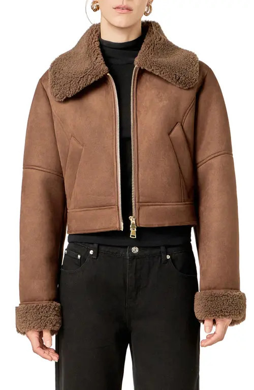 English Factory Faux Shearling Trim Moto Jacket in Brown at Nordstrom, Size Small | Nordstrom
