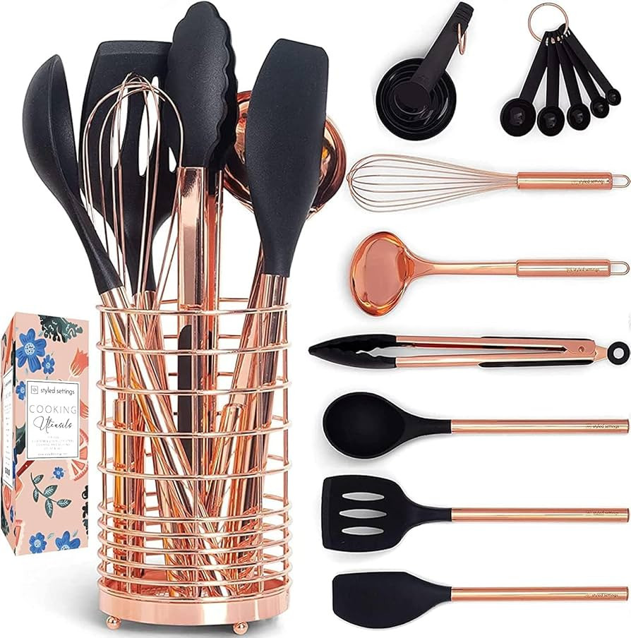 Black & Copper Kitchen Utensils with Copper Utensil Holder- 17PC Set: Measuring Cups and Spoons, ... | Amazon (US)