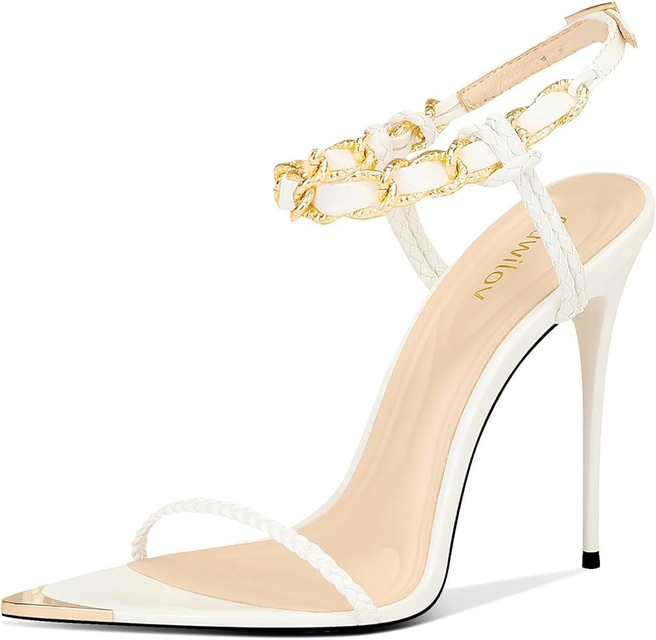 Gold Strappy Stiletto Heels for Women Metallic Ankle Strap Open Toe High Heel Sandals Elegant Dre... | Amazon (US)