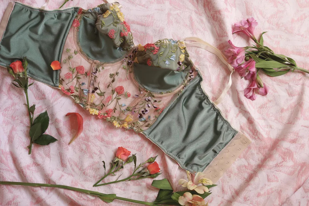 Corset made of embroidered tulle with flowers and green lycra | Etsy (US)