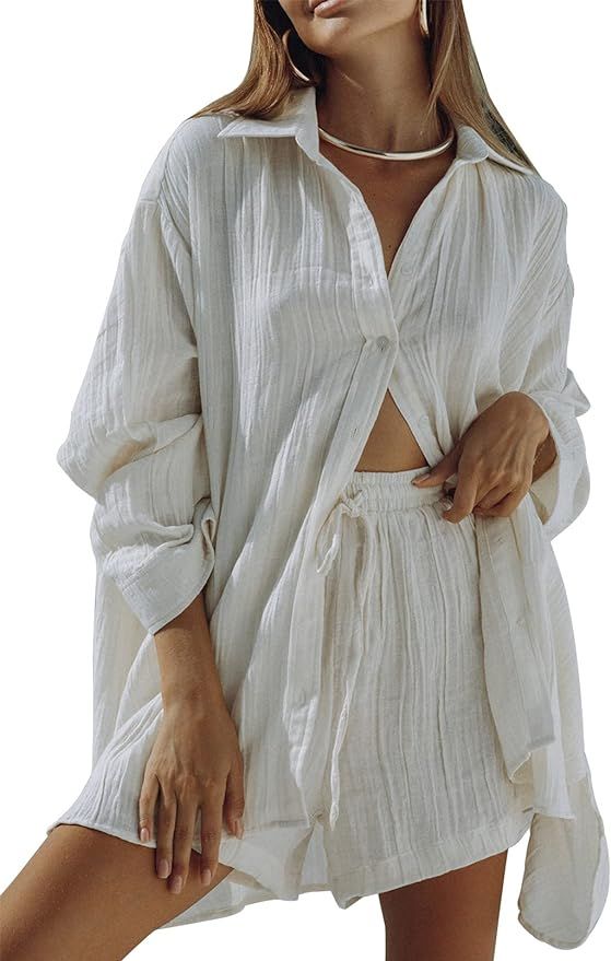 HAPCOPE Women's 2 Piece Outfits Oversized Long Puff Sleeve Blouse Shirt High Waisted Side Pocket ... | Amazon (US)