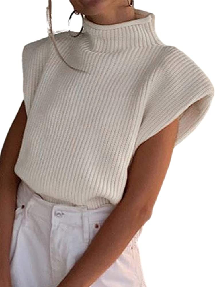 Women's Solid Sleeveless Vest Elegant High Neck Stetchable Cap Sleeve Knit Sweater Tops | Amazon (US)
