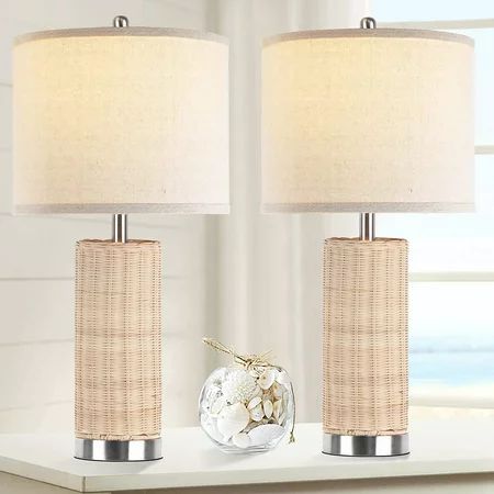 26 Tall Ivory Coastal Woven Rustic Natural Wicker Table Lamps Set of 2 | Walmart (US)