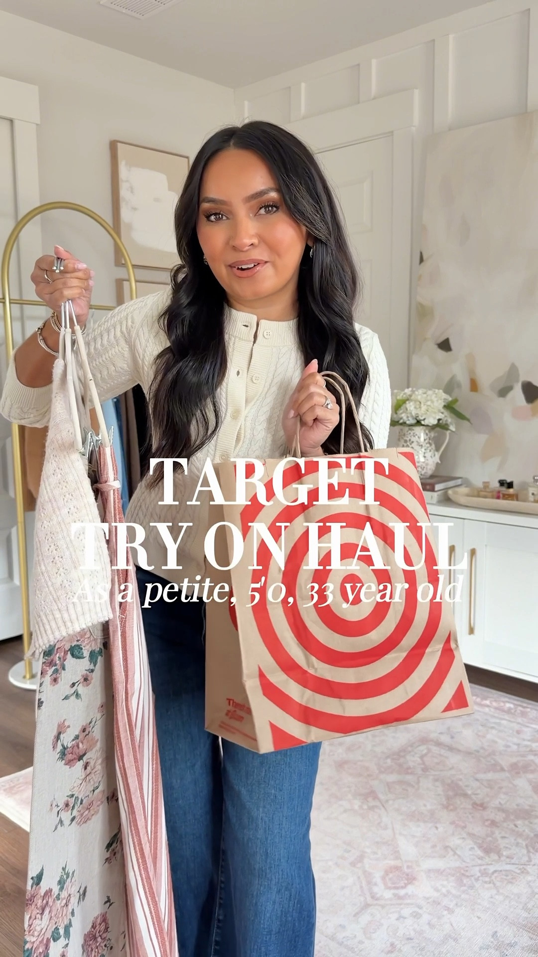 Target Try On!
For reference: I’m 5’0, 32b bra size, and 2/26 in bottoms, pear shaped. 
*Everything I share is unaltered! TTS means true to size. Between size 5-6.5 in shoes

Cream sweater size xs TTS
Red stripe wide leg pants size xs TTS
Platform sandals - old, similar linked

Denim shirt, which I’m wearing as a dress - size xs TTS
Cowgirl boots in color cafe  5.5 - recommend sizing down a half size
Scarf is from Hermes - similar linked

Cream sweater size xs TTS
Floral jeans size 4 - sized up a size, these run small in the waist 
Clear heels - old, similar linked

Yellow sweater size xxs TTS
Wide leg jeans in medium wash size 4 - sized up a size, these run small in the waist 
Sneakers size 6.5 TTS

Ivory cashmere sweater size xs TTS
Brown cardigan size xs petite TTS
Green pants size 2 TTS
Dark brown leather boots size 5.5 TTS



#LTKPetite #LTKootd #LTKgrwm