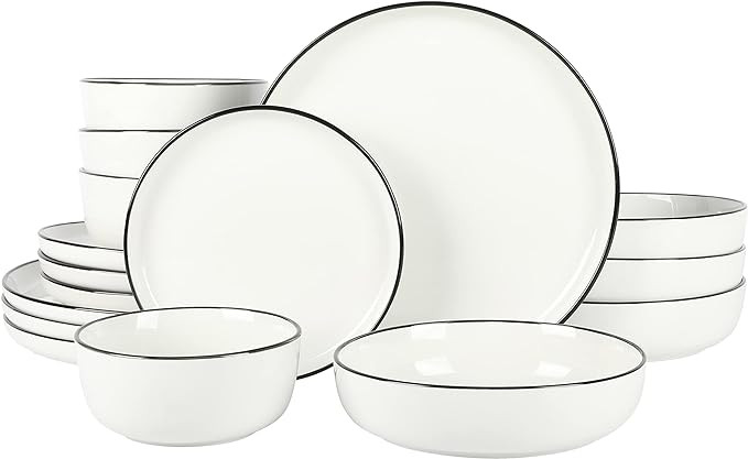 Gibson Home Oslo 16 Piece Porcelain Dinnerware Set,White w/Black Rim Rim, Service for 4 (16pcs) | Amazon (US)