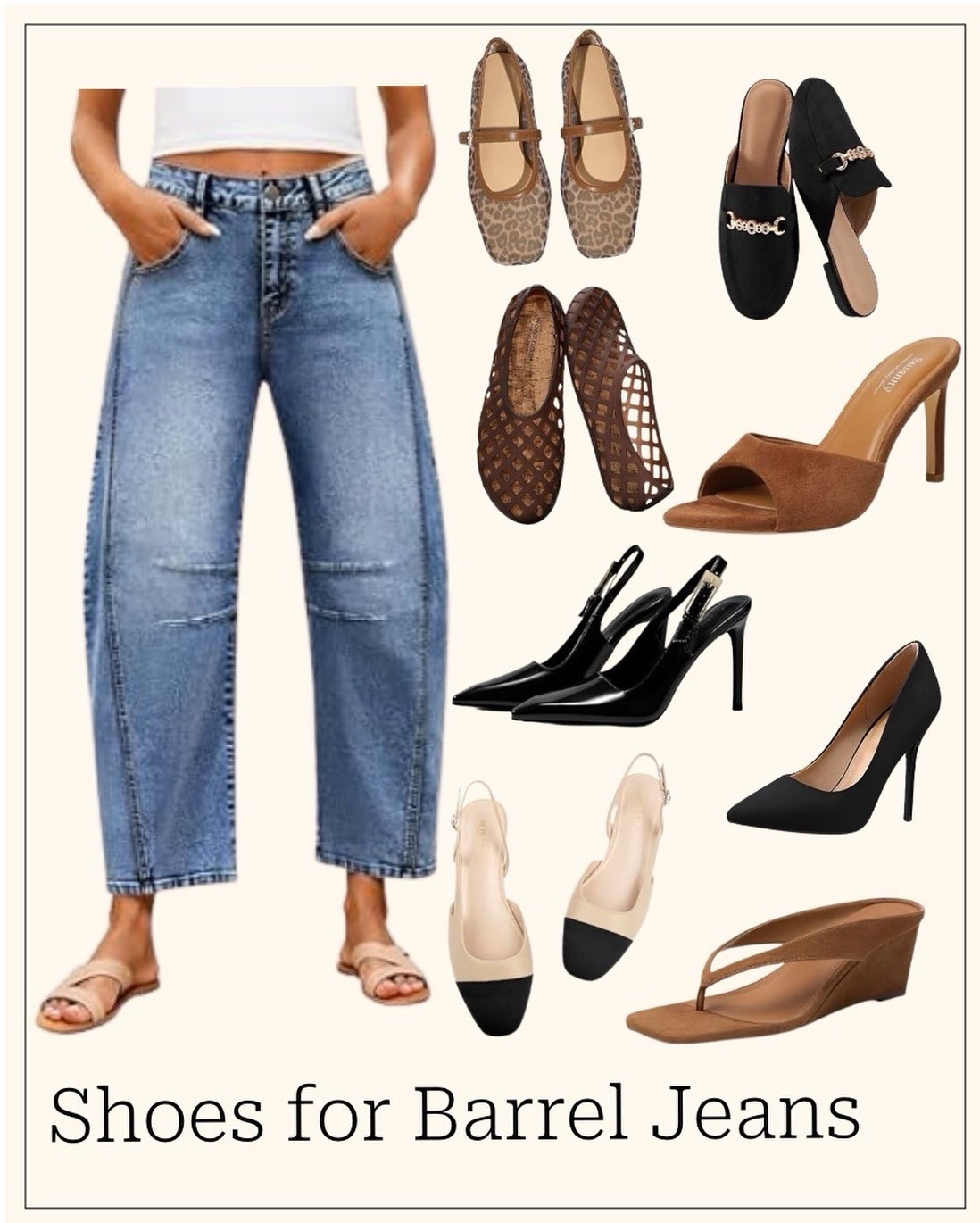 Welcome back to Jeans Friday! Today we are tackling one of the trendiest cuts of the season: Barrel jeans.
With their distinct curved, wide-leg shape that tapers at the ankle, these jeans are an instant style statement. The secret to nailing the look is choosing footwear that balances the unique silhouette without competing with it.
The Best Pairings for Barrel Jeans:
 Slim Flats: Think ballet flats, loafers, or trendy flats to keep the ankle area neat.

 Pointed Heels & Slingbacks: These perfectly elongate the leg line under the tapered hem.
 Flatform Sandals: A flat platform sandal adds a modern, edgy twist.

❌ What to Avoid: Skip the high, chunky platforms. They add too much bulk to the bottom and compete with the curved shape of the denim.
Make sure to save this post for your next outfit prep, hit follow for more style tips, and come back next Friday for another edition of Jeans Friday!

How to style barrel jeans, curved leg denim trends, Jeans Friday series, minimalist shoe pairings, fashion advice for women. #JeansFriday #BarrelJeans #DenimStyling #ShoeCheck #StyleTips
