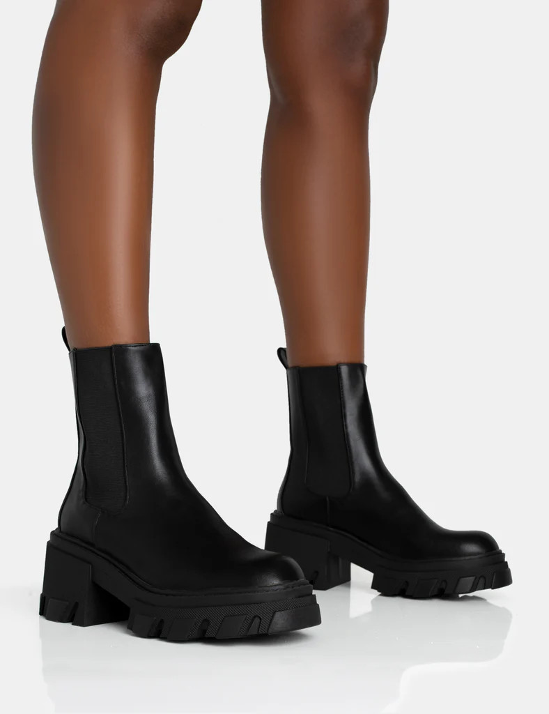 Astro Black Pu Elasticated Ankle Detail Chunky Sole Ankle Heeled Boots | Public Desire